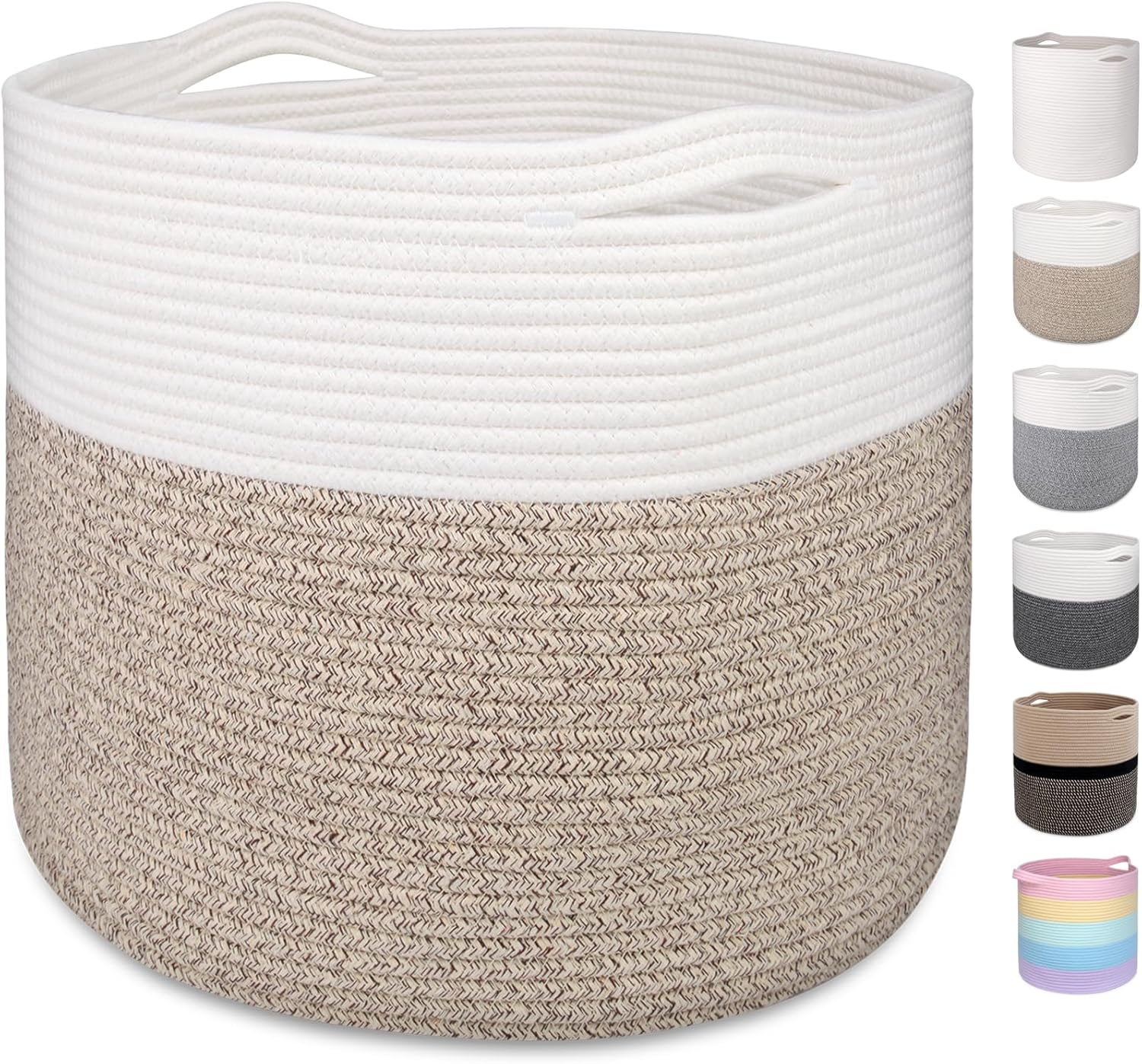 Large Cotton Rope Woven Basket 15.8x13.8in – Round Storage Bin for Laundry, Toys, Blankets, and Home Decor – White & Brown Modern Organizer Basket - PuriLite