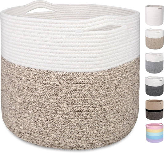Large Cotton Rope Woven Basket 15.8x13.8in – Round Storage Bin for Laundry, Toys, Blankets, and Home Decor – White & Brown Modern Organizer Basket - PuriLite