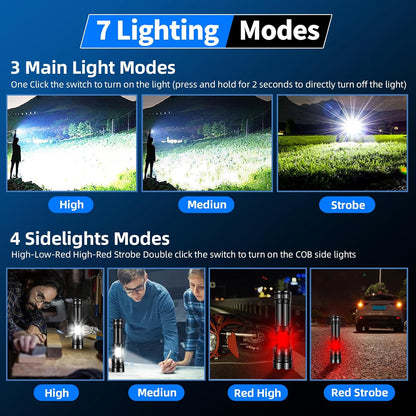 Rechargeable Flashlight 990000 High Lumens, Powerful Led Tactical Flashlights with Zoomable, 7 Modes & COB Lights, IPX7 Waterproof, Brightest Flash Lights for Camping, Emergencies, Dog Walking