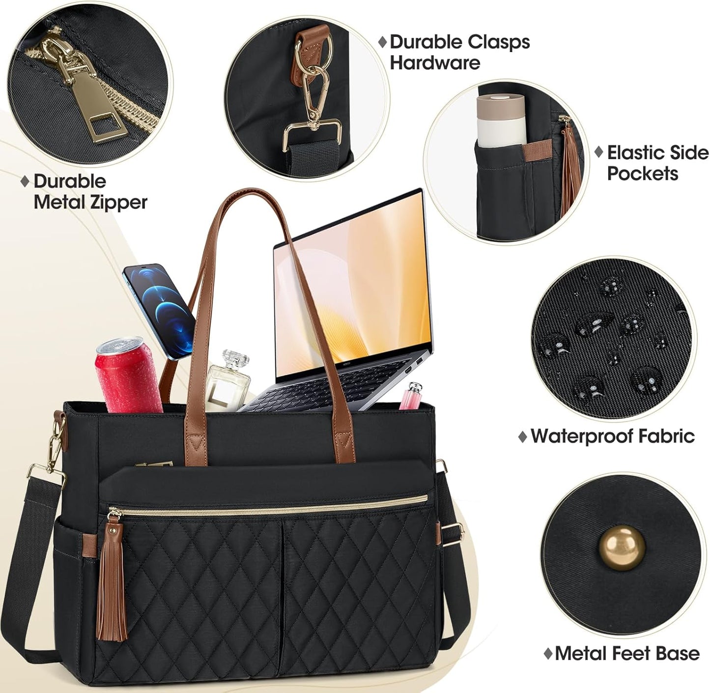 RAINSMORE Laptop Bag For Women 15.6 Inch Work Teacher Tote Bag Waterproof Nurse Bag Large Handbag Shoulder Travel Computer Messenger Bag Briefcase,Black - PuriLite