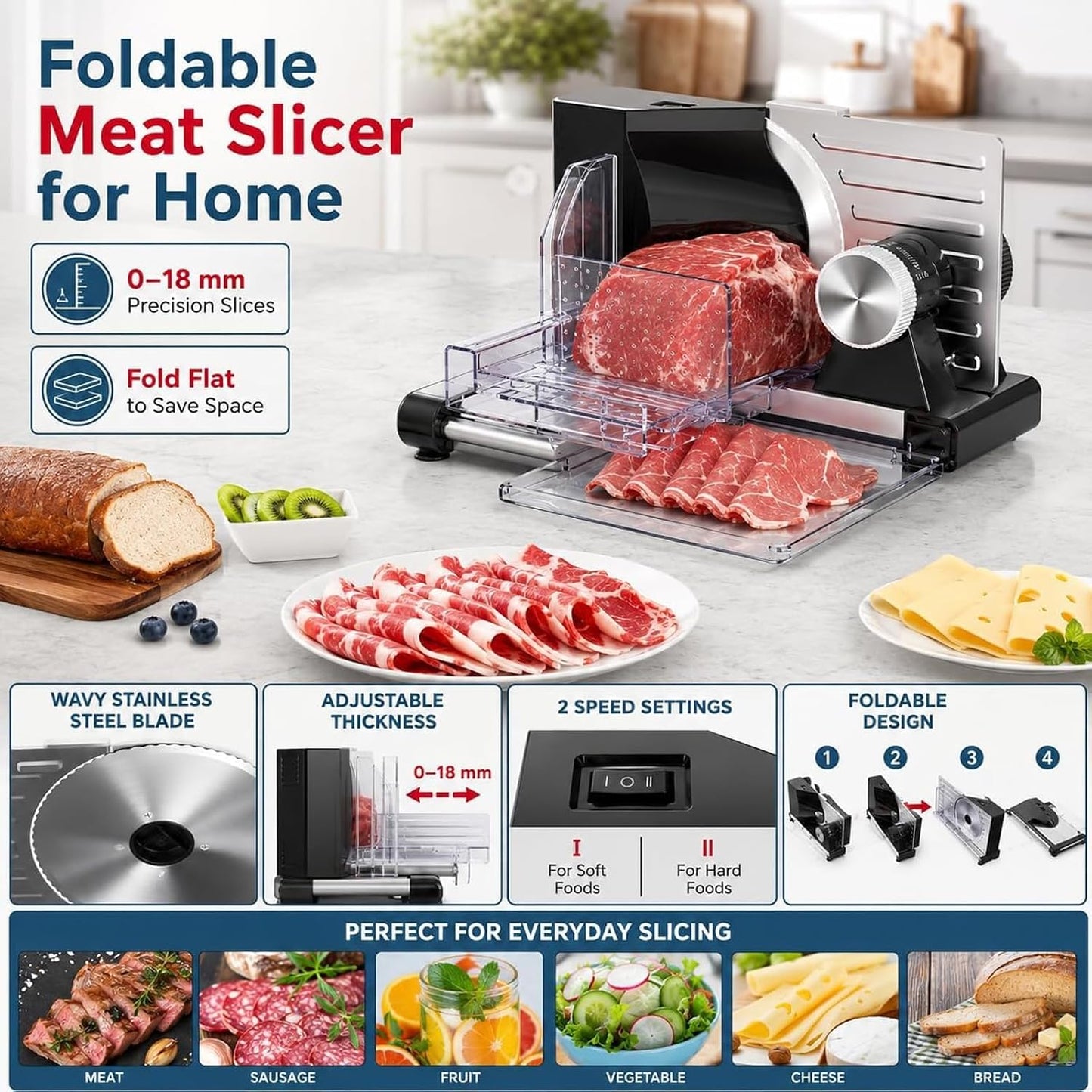 Foldable Meat Slicer Machine, 160W Electric Bread Slicer with Stainless Steel Blade, 0-18mm Thickness Adjustable, Food Cutter for Frozen Deli Meat Jerky