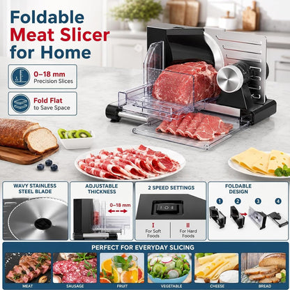 Foldable Meat Slicer Machine, 160W Electric Bread Slicer with Stainless Steel Blade, 0-18mm Thickness Adjustable, Food Cutter for Frozen Deli Meat Jerky