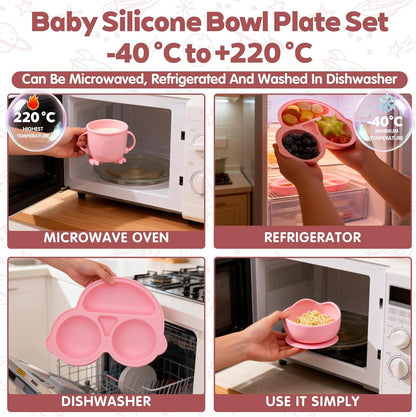 Silicone Baby Feeding Set,Miicasa Baby Led Weaning Supplies Kit With Suction Bowl & Car Plate, Bib, Spoon, Fork, Cup - Food-Grade Silicone, Dishwasher-Safe, No BPAs - For 3+ Months