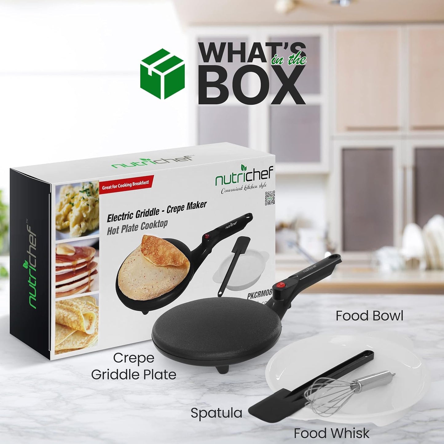 NutriChef Electric Crepe Maker, Cooks Roti, Tortillas, Pancakes, Nonstick Cooktop, 8-inch Cook Area On/Off Switch, Automatic Temperature Control & Cool Touch Handle, Includes Food Bowl, Whisk, Spatula