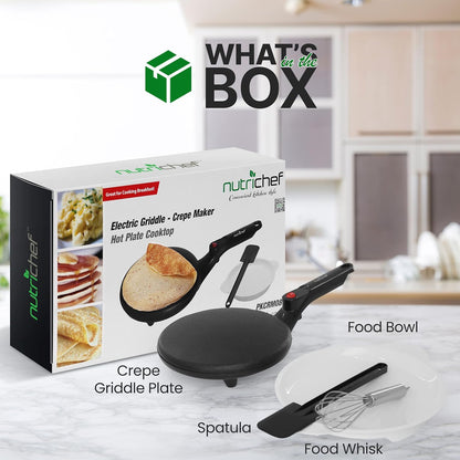 NutriChef Electric Crepe Maker, Cooks Roti, Tortillas, Pancakes, Nonstick Cooktop, 8-inch Cook Area On/Off Switch, Automatic Temperature Control & Cool Touch Handle, Includes Food Bowl, Whisk, Spatula