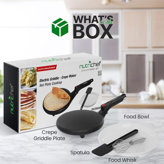 NutriChef Electric Crepe Maker, Cooks Roti, Tortillas, Pancakes, Nonstick Cooktop, 8-inch Cook Area On/Off Switch, Automatic Temperature Control & Cool Touch Handle, Includes Food Bowl, Whisk, Spatula - PuriLite