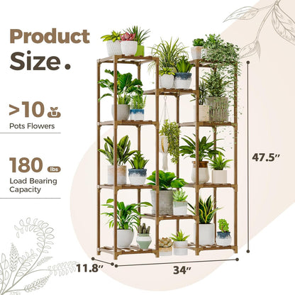 Bamworld Plant Stand Indoor Outdoor Hanging Plant Shelf for Multiple Plants Pots Wood Flower Stand Tall Large Flower Holder for Living Room, Patio, Balcony, Garden Decor, Brown