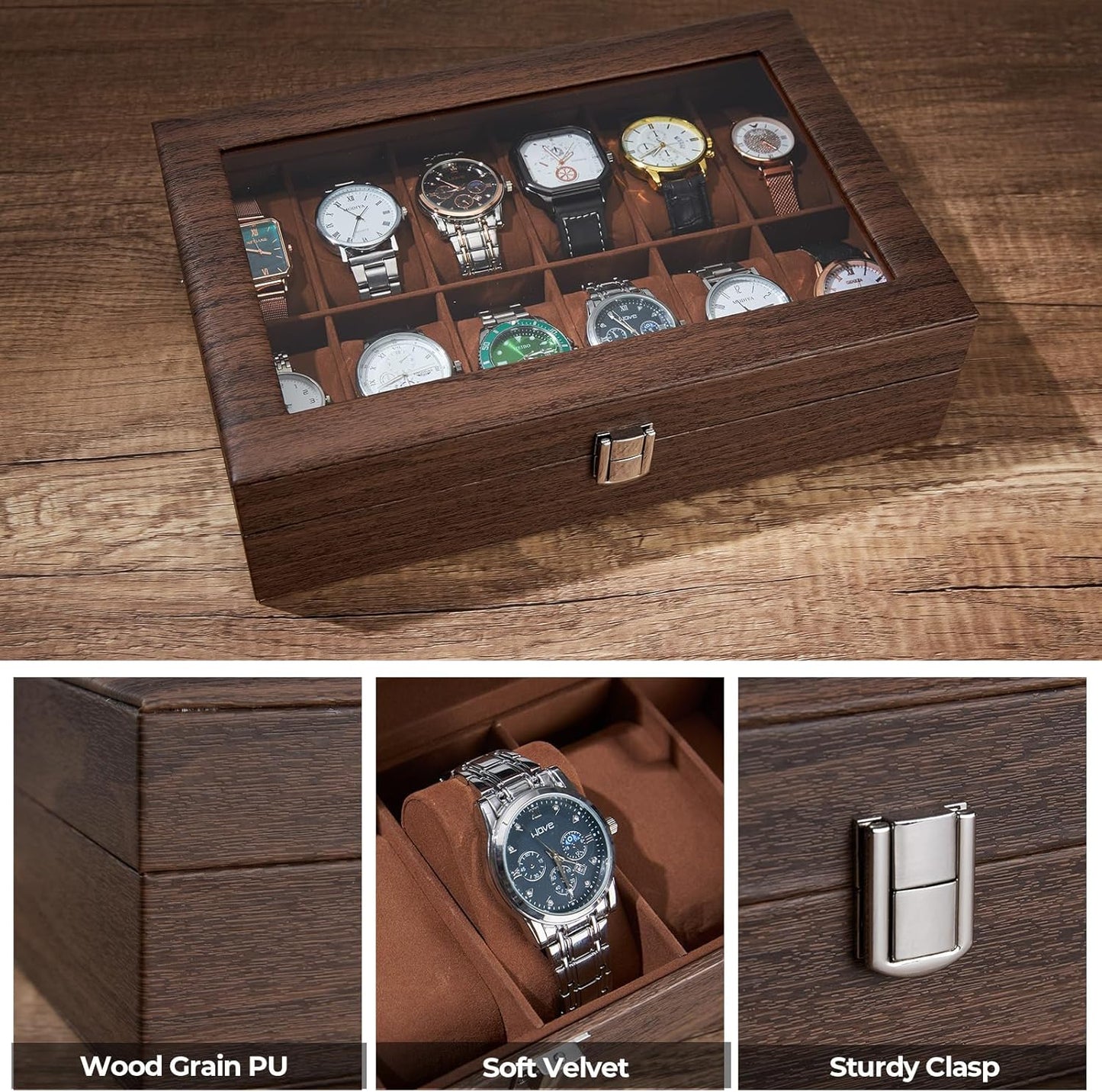 Ohuhu Watch Box Organizer for Men -12 Slot Leather Watch Case with Real Glass Lid Watch Display Case, Watch Organizer Jewelry Storage Box
