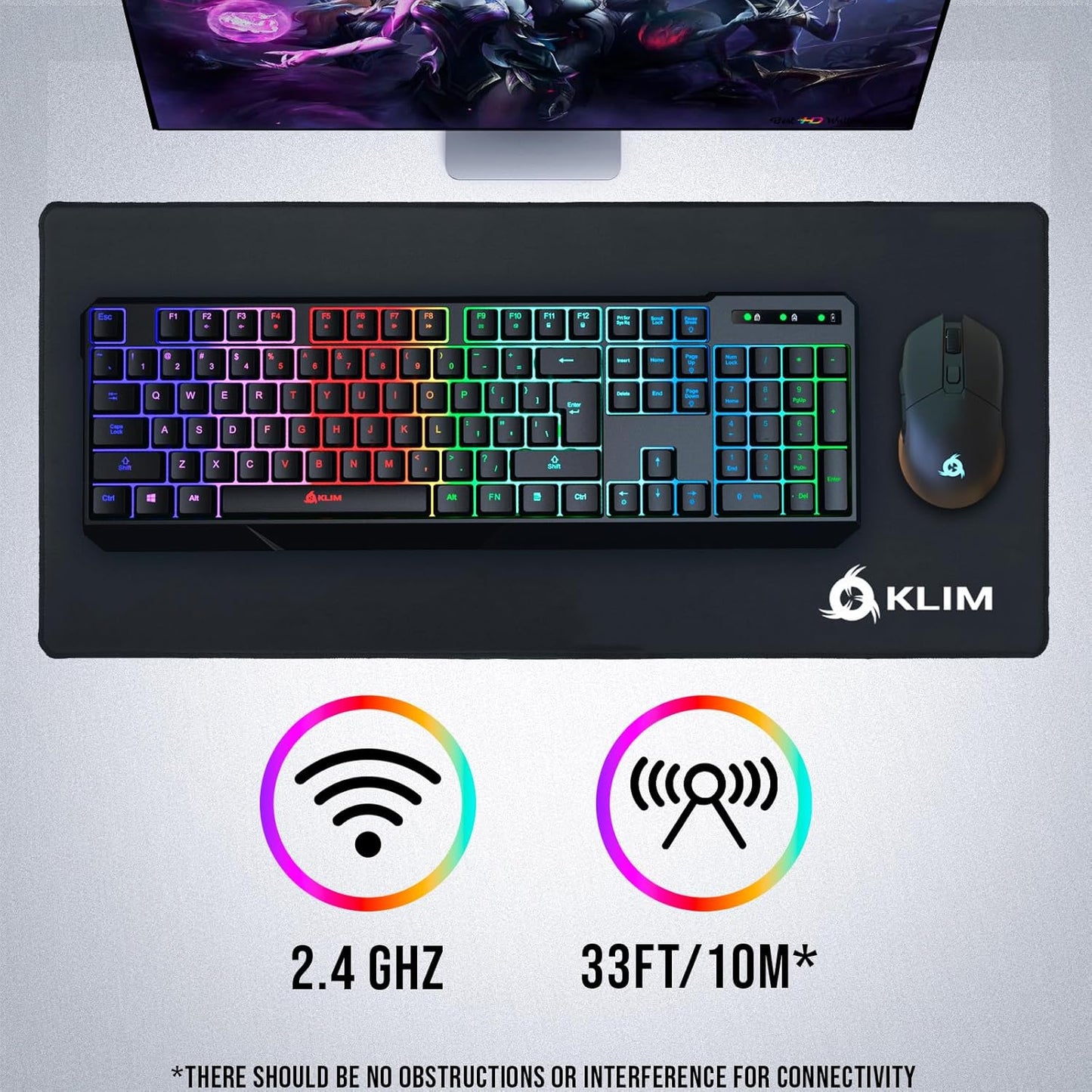 KLIM  Chroma Wireless Gaming Keyboard RGB New - Long-Lasting Rechargeable Battery - Quick and Quiet Typing - Water Resistant Backlit Wireless Keyboard for PC PS5 PS4 Mac - Black