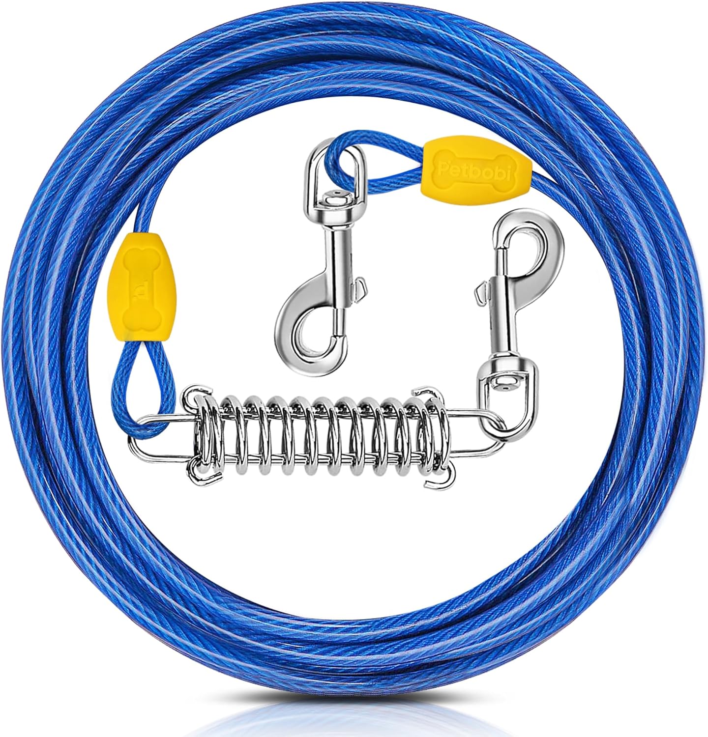 Petbobi Dog Tie-Out Cable 30ft - Outdoor Leash 4mm Metal Cable with Shock Absorbing Spring 360° Swivel Clips, Dog Chain for Yard Camping, Fit Small Medium Large Pets Up to 120lbs, Blue