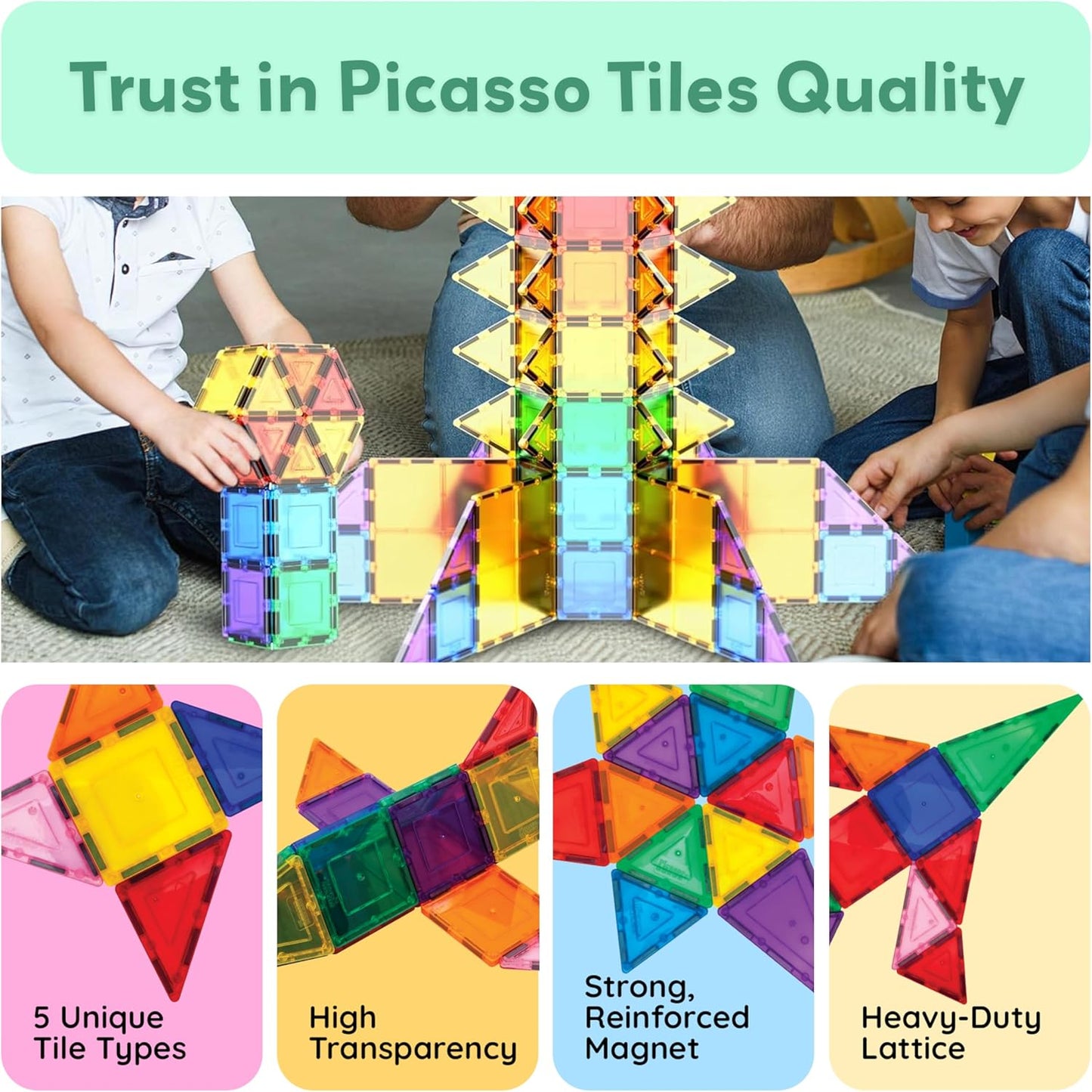 PicassoTiles 100 Piece Set 100pcs Magnet Building Tiles Clear Magnetic 3D Building Blocks Construction Playboards, Creativity beyond Imagination, Inspirational, Recreational, Educational Conventional