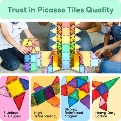 PicassoTiles 100 Piece Set 100pcs Magnet Building Tiles Clear Magnetic 3D Building Blocks Construction Playboards, Creativity beyond Imagination, Inspirational, Recreational, Educational Conventional