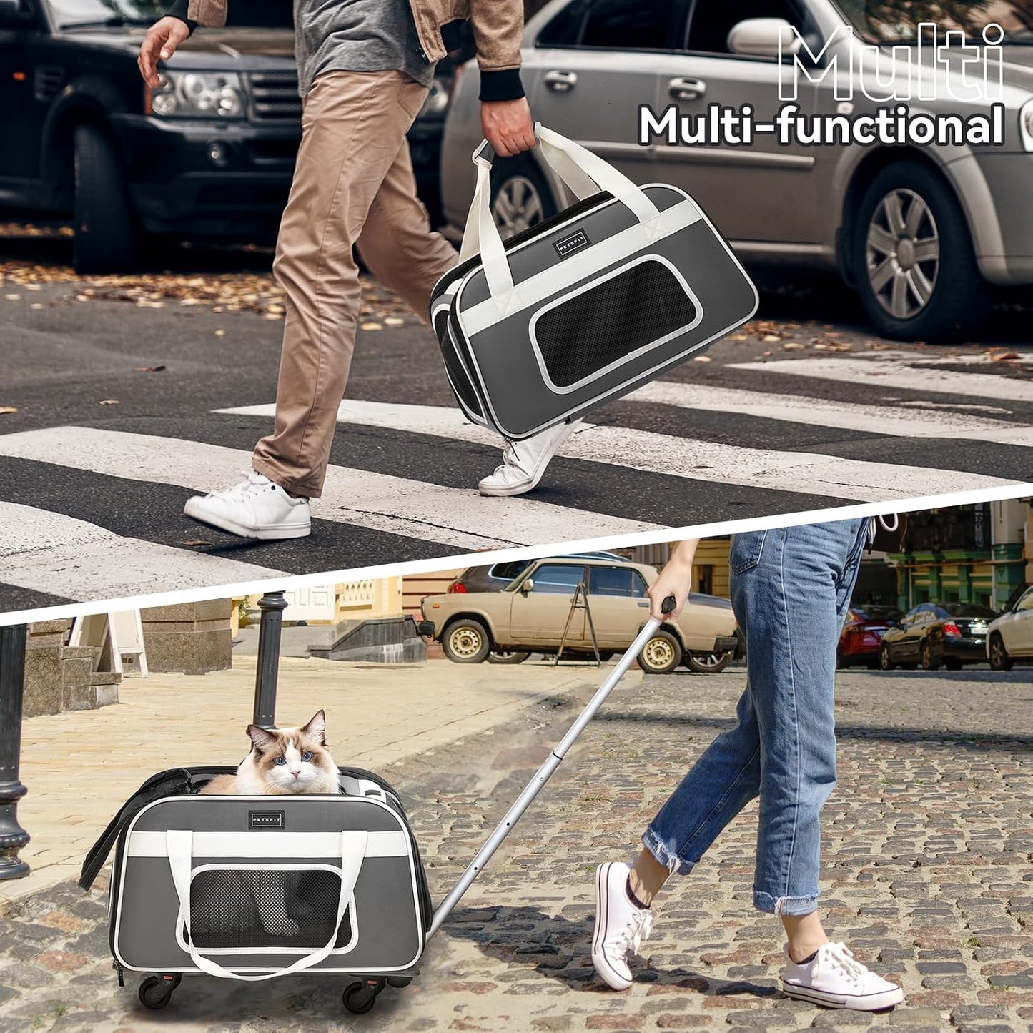 PETSFIT Airline Approved Dog Carrier with Wheels Designed for Small Dogs/Cats with Adjustable Safety Rope & Removable Wheels,Grey