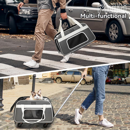 PETSFIT Airline Approved Dog Carrier with Wheels Designed for Small Dogs/Cats with Adjustable Safety Rope & Removable Wheels,Grey