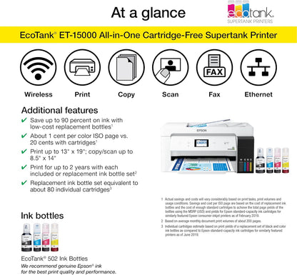 Epson EcoTank ET-15000 Wireless Color All-in-One Supertank Printer with Scanner, Copier, Fax, Ethernet and Printing up to 13 x 19 Inches