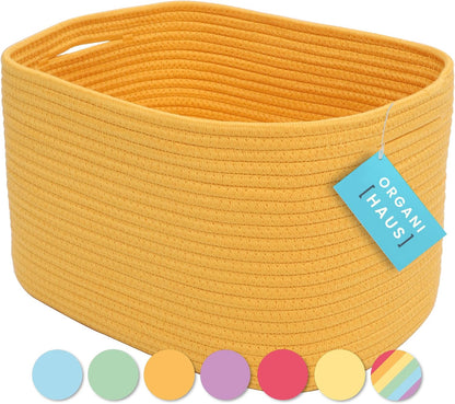 OrganiHaus Soft Woven Baskets for Storage Organization Set of 3, Cotton Rope Nursery Storage Baskets for Shelves, Square Book Bins, Bathroom Towel Hamper, Dog Toy Bins, Panier Rangement - Light Honey