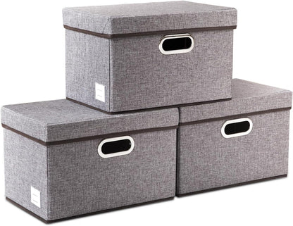 PRANDOM Large Foldable Storage Bin with Lid [1-Pack] Linen Fabric Decorative Storage Box Organizer Containers Basket Cube with Handles Divider for Bedroom Closet Office Living Room (17.7x11.8x11.8")