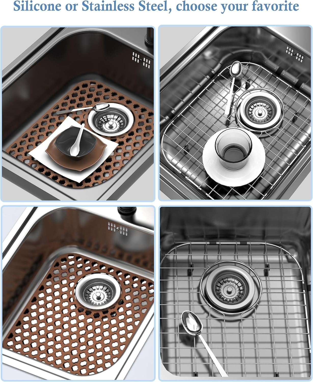 BEHOK 2 Pack Silicone Sink Protector for Kitchen Sink Bathroom Sink 13.58"x 11.6" Sink Mat, Non-Slip and Durable Silicone Sink Grid, Rear Drain (Gray)