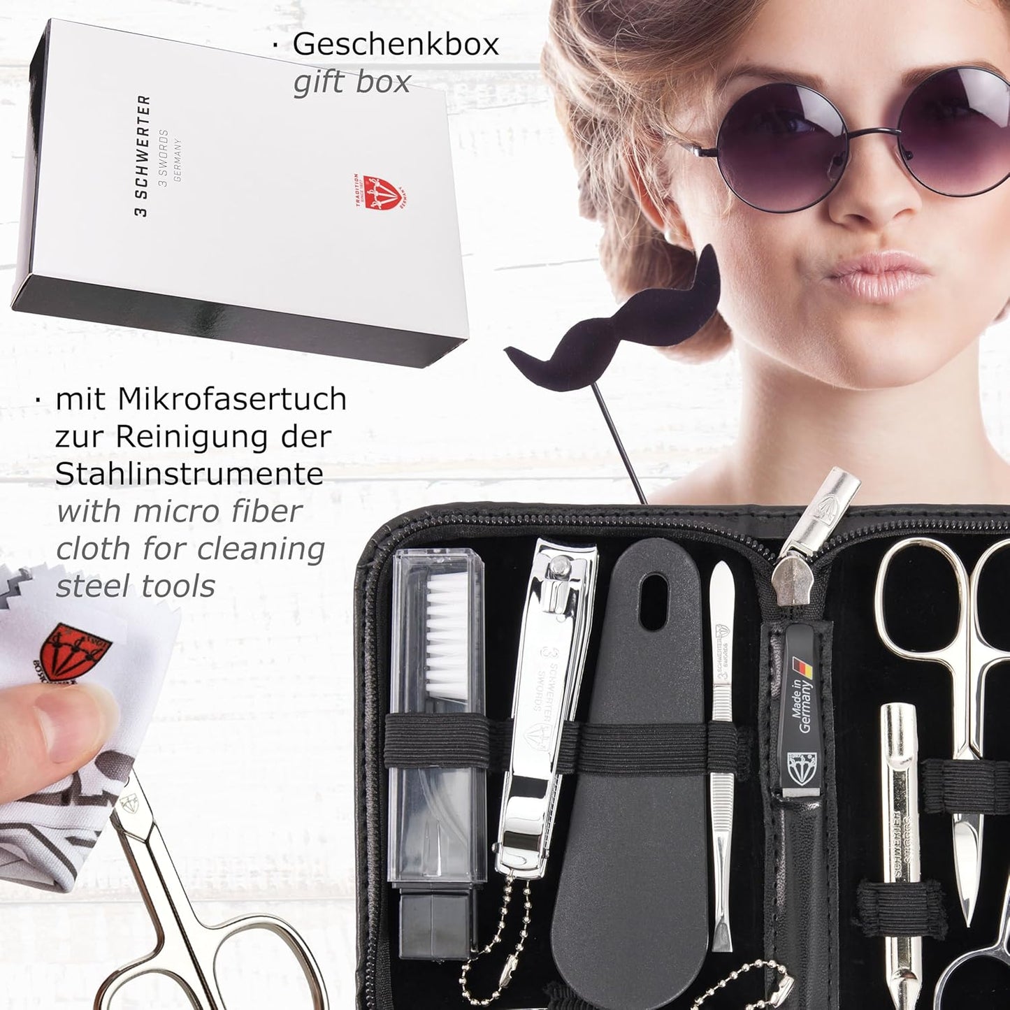 3 Swords Germany - brand quality 10 piece manicure pedicure grooming kit set for professional finger & toe nail care scissors clipper fashion leather case in gift box, Made by 3 Swords (003164)