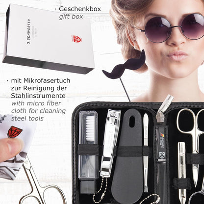 3 Swords Germany - brand quality 10 piece manicure pedicure grooming kit set for professional finger & toe nail care scissors clipper fashion leather case in gift box, Made by 3 Swords (003164)