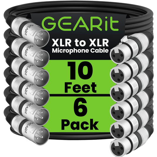 GEARit XLR Male to Female Microphone Cable (10 Feet, 6-Pack) 3-Pin Balanced Shielded Mixer, Recording Studio, Podcast - Black