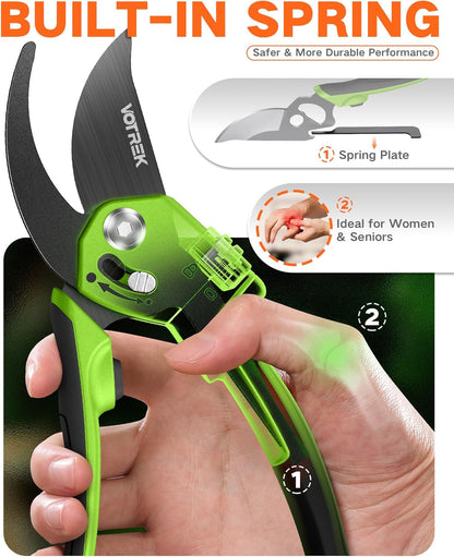 VOTREK Pruning Shears - 8.5" Heavy Duty Bypass Pruners for Gardening with Built-in Spring & SK5 Steel Blades - Ergonomic Adjustable Handle for All Hand Sizes, Garden Clipper Plant Scissors for Branch