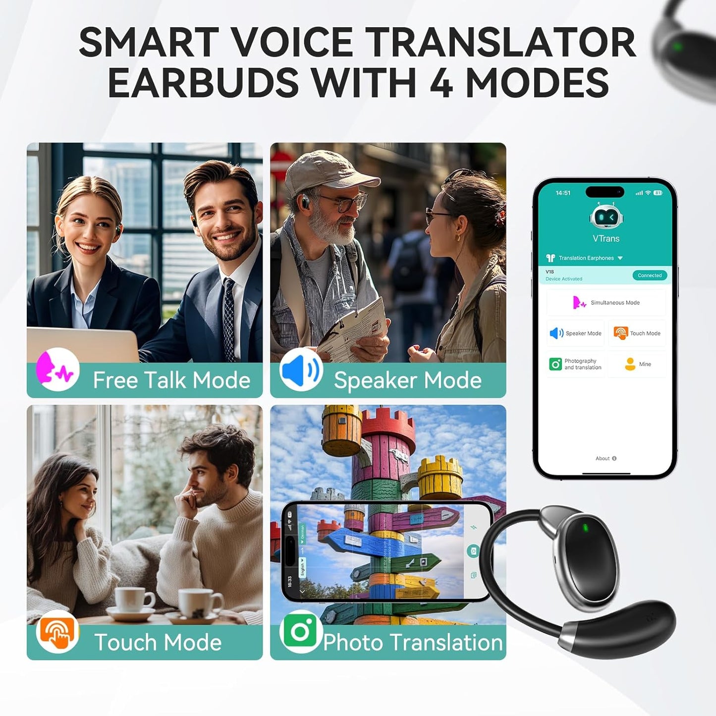 Language Translation Earbuds, 2-Way Real-time Translation in 150 Languages, Online Translation No Subscription Needed, Wireless Bluetooth Earphone Instant Voice Translator for Travel Business Learning