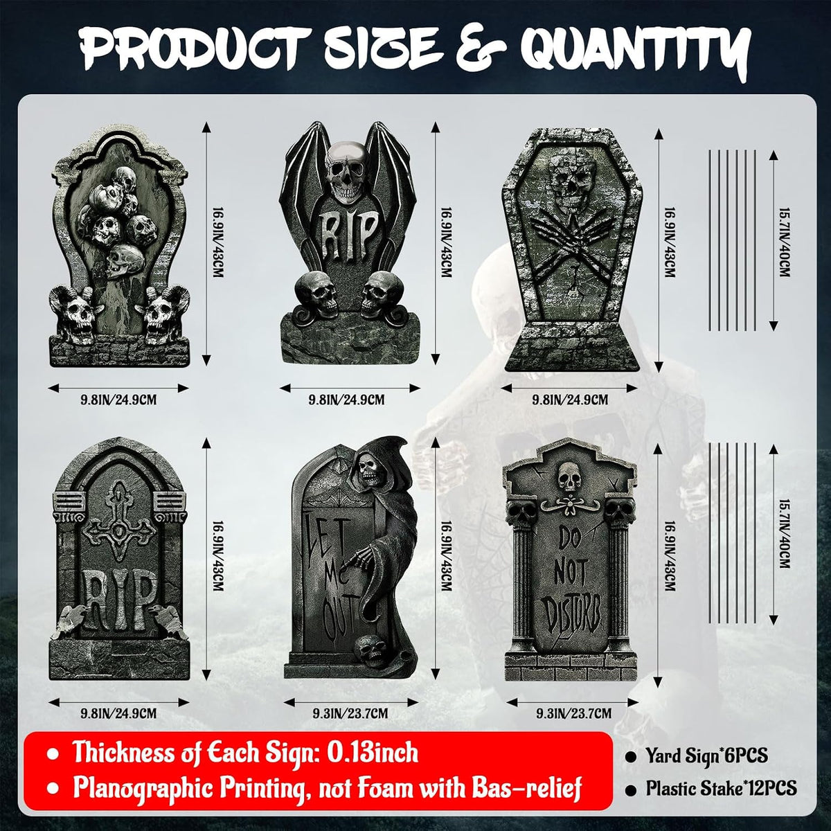 6 PCS 16.9" x9.8" Halloween Yard Signs Tombstones Outdoor Decorations