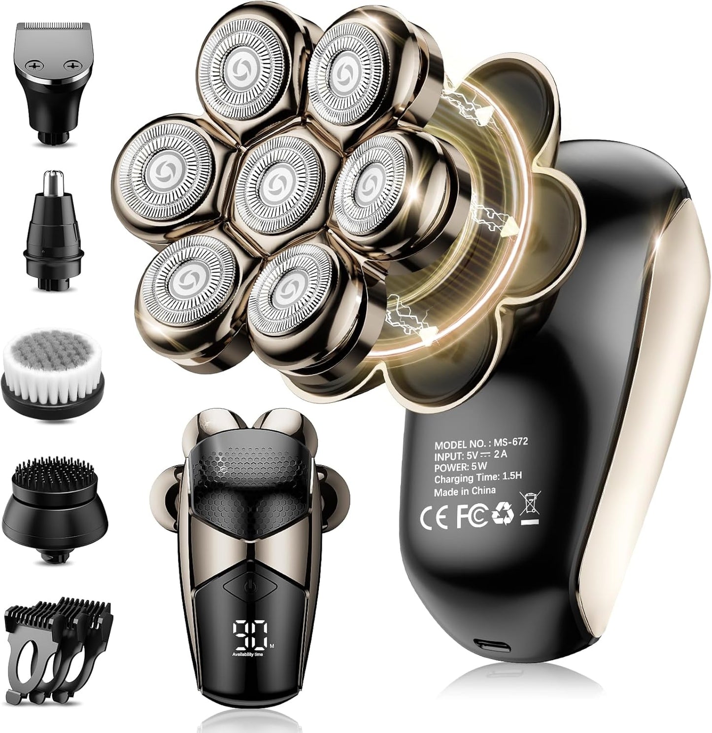SHPAVVER Head Shavers for Bald Men: 5-in-1 Detachable Electric Bald Razor-IPX7 Waterproof Wet/Dry Shaving-Rechargeable 7D Rotary Shaver Grooming Kit-LED Display & Type-C Charge