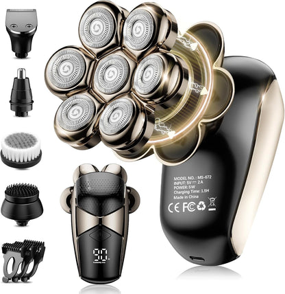 SHPAVVER Head Shavers for Bald Men: 5-in-1 Detachable Electric Bald Razor-IPX7 Waterproof Wet/Dry Shaving-Rechargeable 7D Rotary Shaver Grooming Kit-LED Display & Type-C Charge