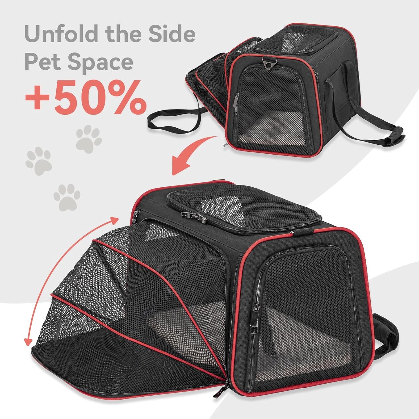 Petsfit Expandable Cat Dog Carrier Airline Approved, 17" L x 11" W x 11" H Soft-Sided Portable Pet Travel Carrier for Kitten, Puppy, Removable Soft Plush Mat and Pockets, Auto-Locking Zippers