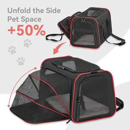 Petsfit Expandable Cat Dog Carrier Airline Approved, 17" L x 11" W x 11" H Soft-Sided Portable Pet Travel Carrier for Kitten, Puppy, Removable Soft Plush Mat and Pockets, Auto-Locking Zippers