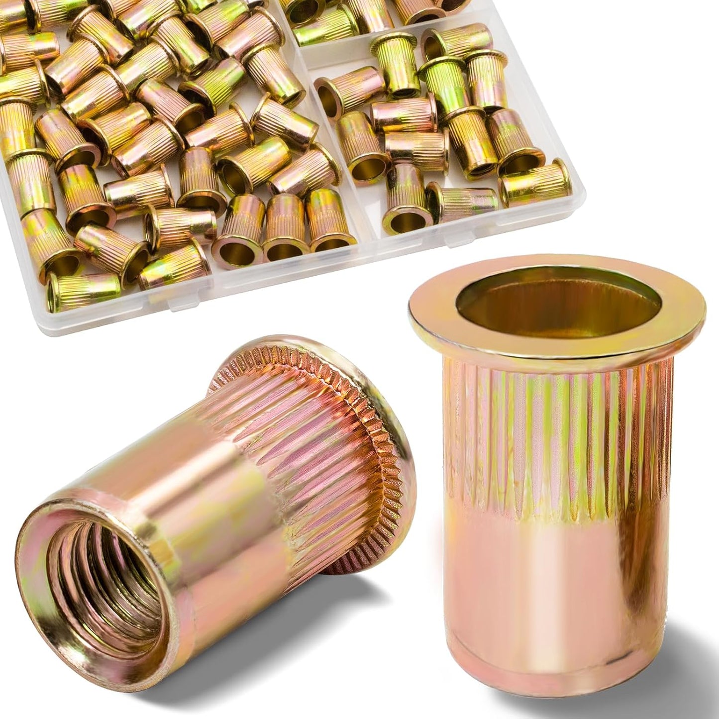 Vifmy Metric & SAE Rivet Nut Assortment Kit(420 Pcs),m3 m4 m5 m6 m8 m10 m12#6-32#8-32#10-24 1/4"-20 5/16"-18 3/8"-16 UNC Flat Head Rivnut Set,Zinc Plated Finish Carbon Steel Nutsert