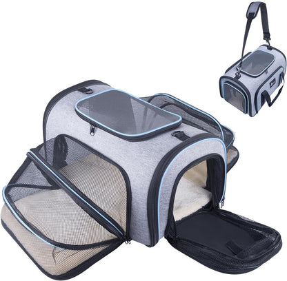 Siivton Cat Carrier,4 Sided Expandable Pet Carrier for Travel,Collapsible Soft-Sided Carriers with Removable Fleece Pad and Shoulder Straps,Airline Approved(17.5"x 11"x 11")