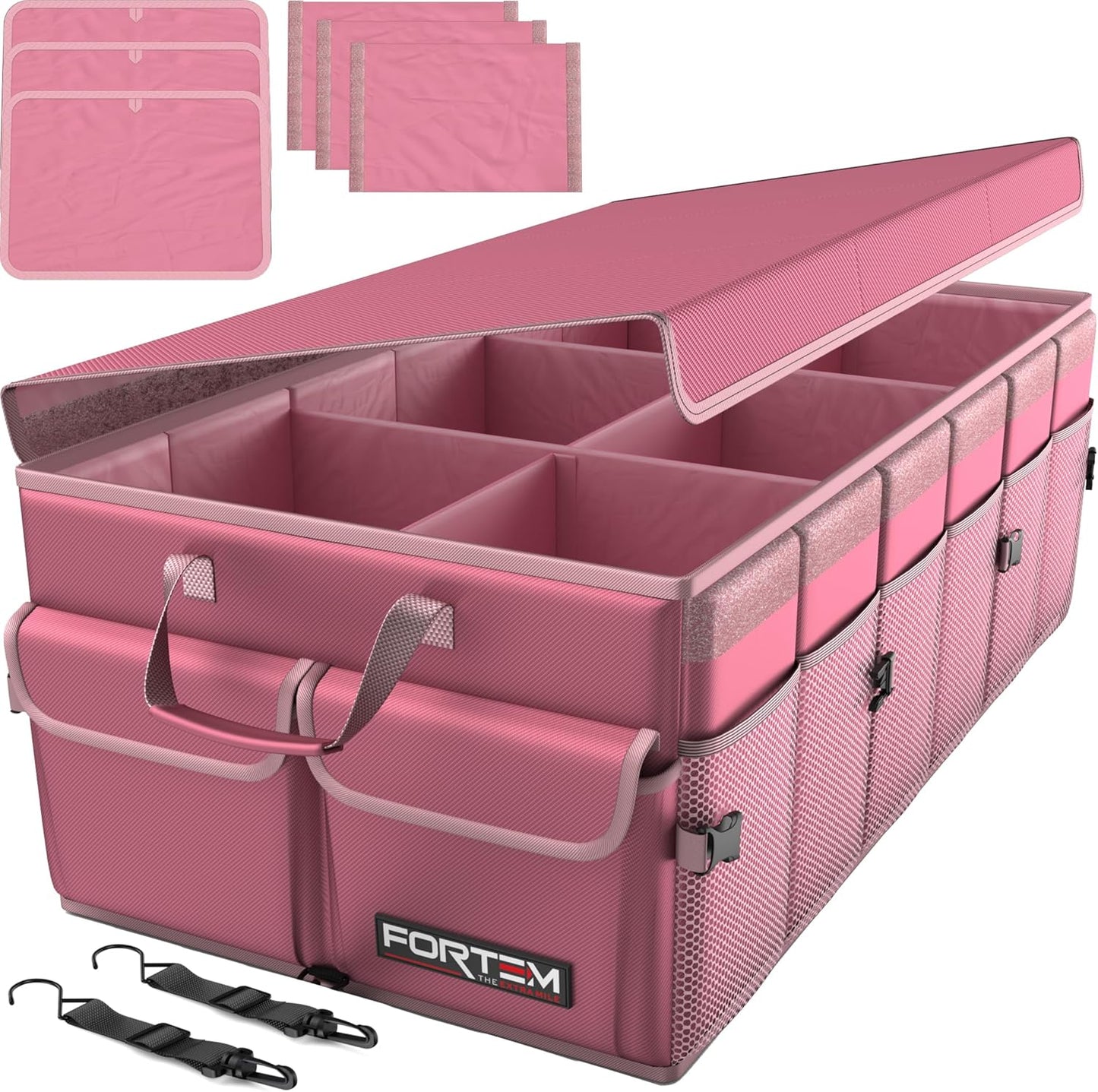 FORTEM Car Trunk Organizer, Collapsible Multi Compartment Car Organizer, Foldable SUV Storage for Car Accessories for Women Men, Non Slip Bottom, Securing Straps, Soft Cover 50L (Black, Standard)