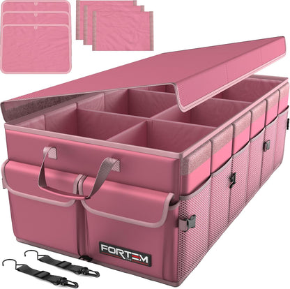 FORTEM Car Trunk Organizer, Collapsible Multi Compartment Car Organizer, Foldable SUV Storage for Car Accessories for Women Men, Non Slip Bottom, Securing Straps, Soft Cover 50L (Black, Standard)