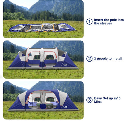 CAMPROS CP 12 Person Camping Tent, 3-Room Family Tent, Rainfly, Waterproof
