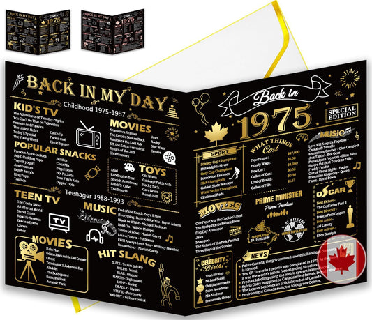 50th Birthday Card, Jumbo CANADA 25x20cm Back in 1975, Gilding Happy 50th Birthday Decoration for Woman, Men, Funny 50 Birthday Gifts for Wife, Husband, Him, Her, Mom