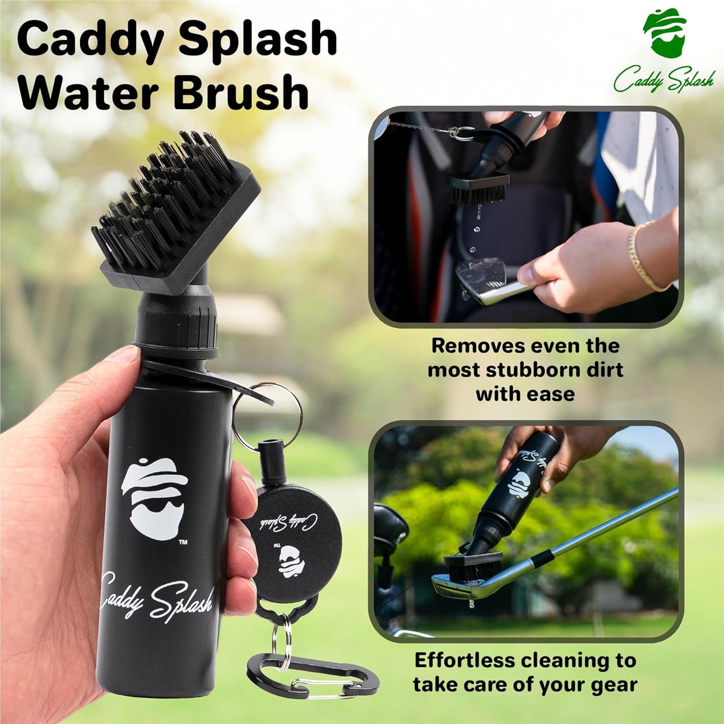 Caddy Splash Golf Water Brush – Retractable Nylon-Bristle Club Cleaner with Anti-Leak Reservoir, Squeeze Bottle Design, 18" Retractor Clip, Wide Cleaning Coverage, Lightweight & Portable – 7.5" Holds 4 oz – Black