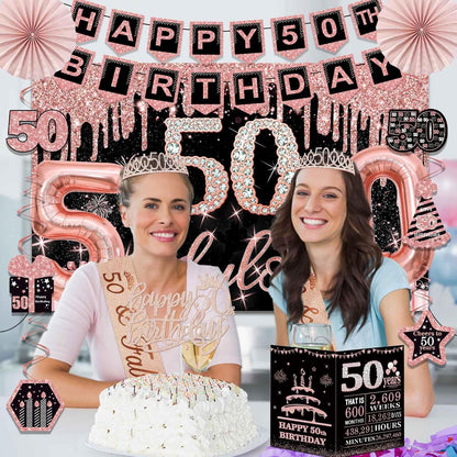 40th Birthday Decorations for Women,32pcs 40th Birthday Party Decorations,Including Backdrop, Crown,Sash,banner, Hanging Swirl,Cake Topper,balloons,Paper Fans,Anniversary Card and paper fans