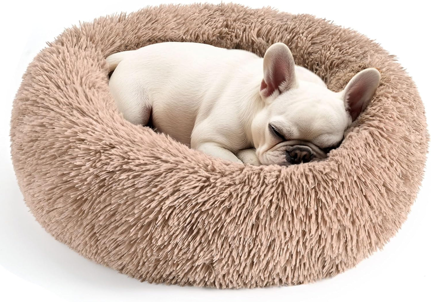 Dog & Cat Bed, 20in Cat Beds for Indoor Cats, Calming Donut Bed for Puppy and Kitten, Washable Round Fluffy Pet Bed for Small Medium Dogs and Cats (Camel)