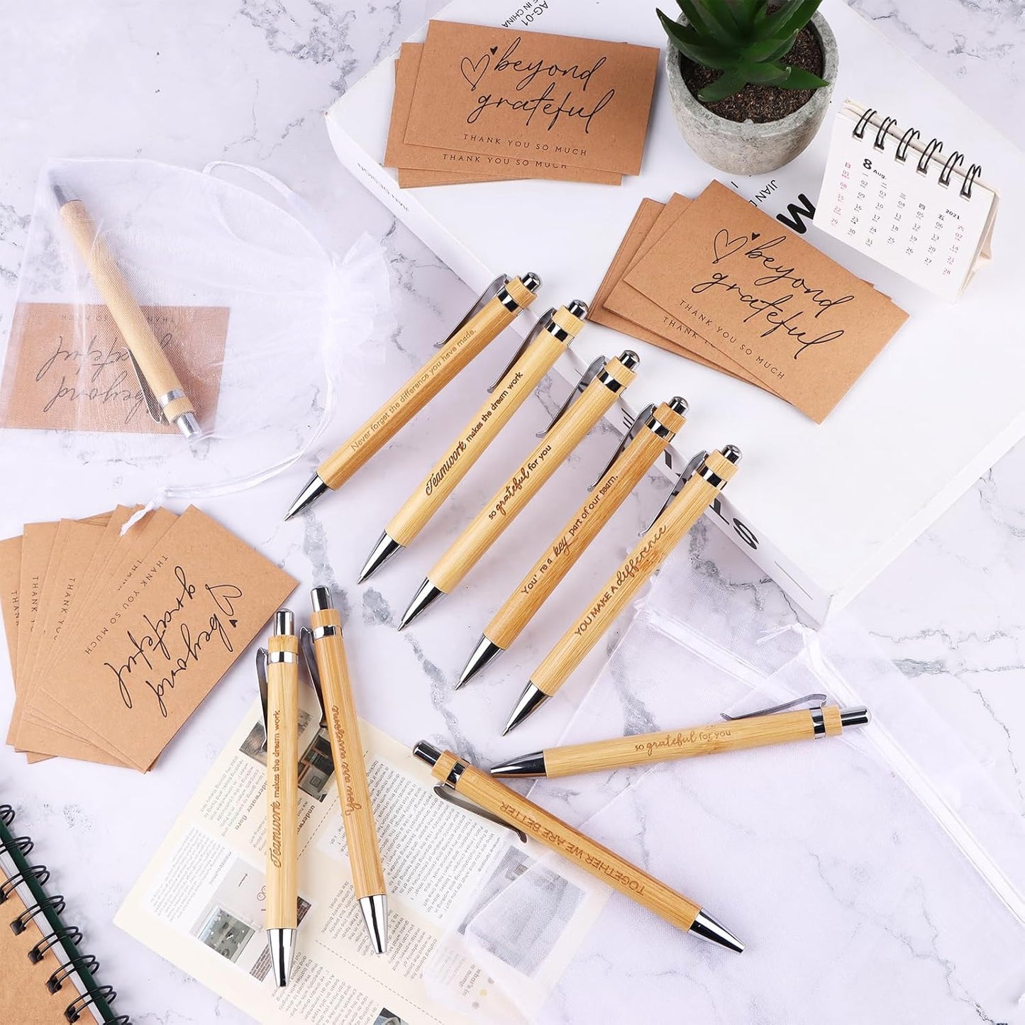 160Pcs Employee Appreciation Gifts Thank You Bamboo Pens Inspirational Ballpoint Pen Motivational Quotes Pens with Organza Bags and Thank You Cards Encouraging Pen Thank You Gift for Teacher Colleague