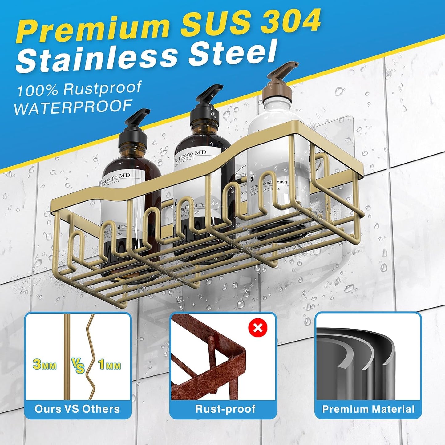 EUDELE 5-Pack Rustproof Stainless Steel Shower Caddy – No Drill Adhesive Bathroom Organizer with Large Capacity, Spacious Shower Shelves for Inside Shower, Kitchen & Home Decor Storage