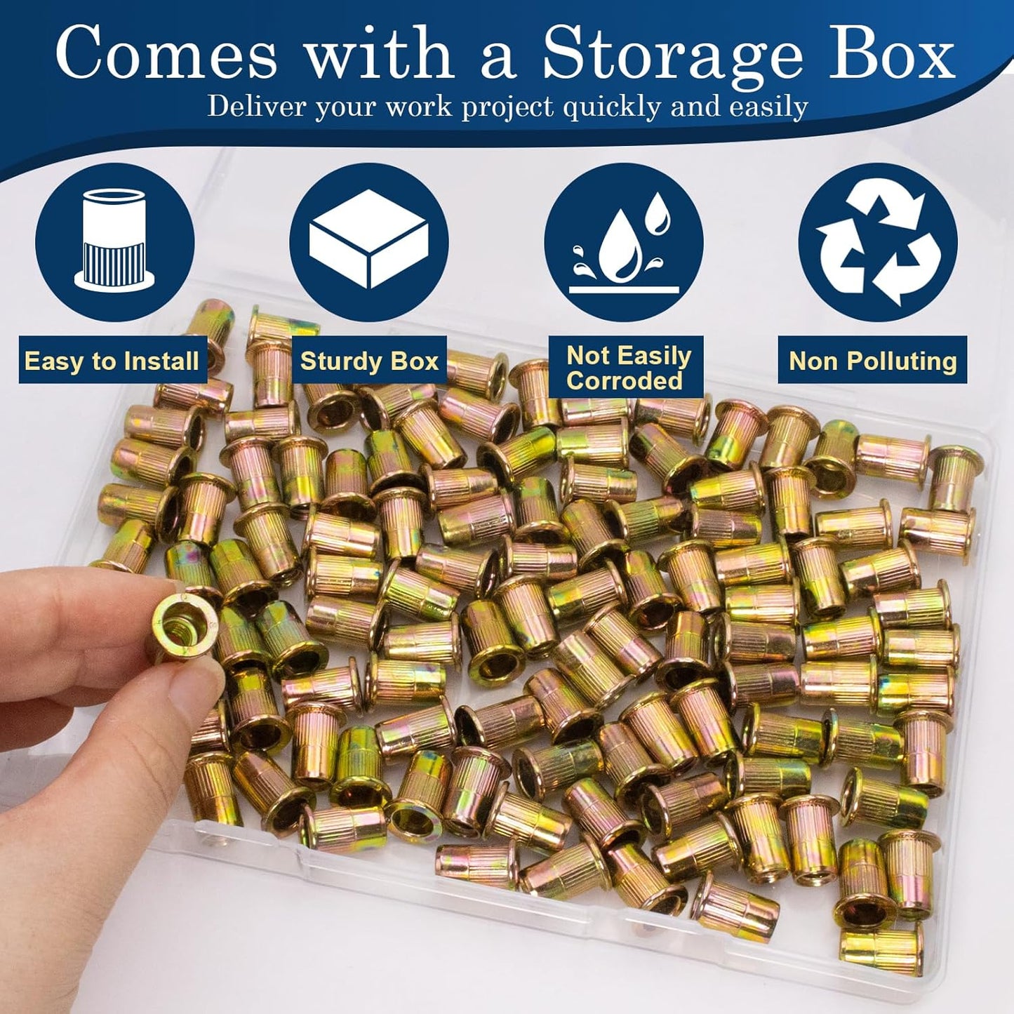 Vifmy Metric & SAE Rivet Nut Assortment Kit(420 Pcs),m3 m4 m5 m6 m8 m10 m12#6-32#8-32#10-24 1/4"-20 5/16"-18 3/8"-16 UNC Flat Head Rivnut Set,Zinc Plated Finish Carbon Steel Nutsert