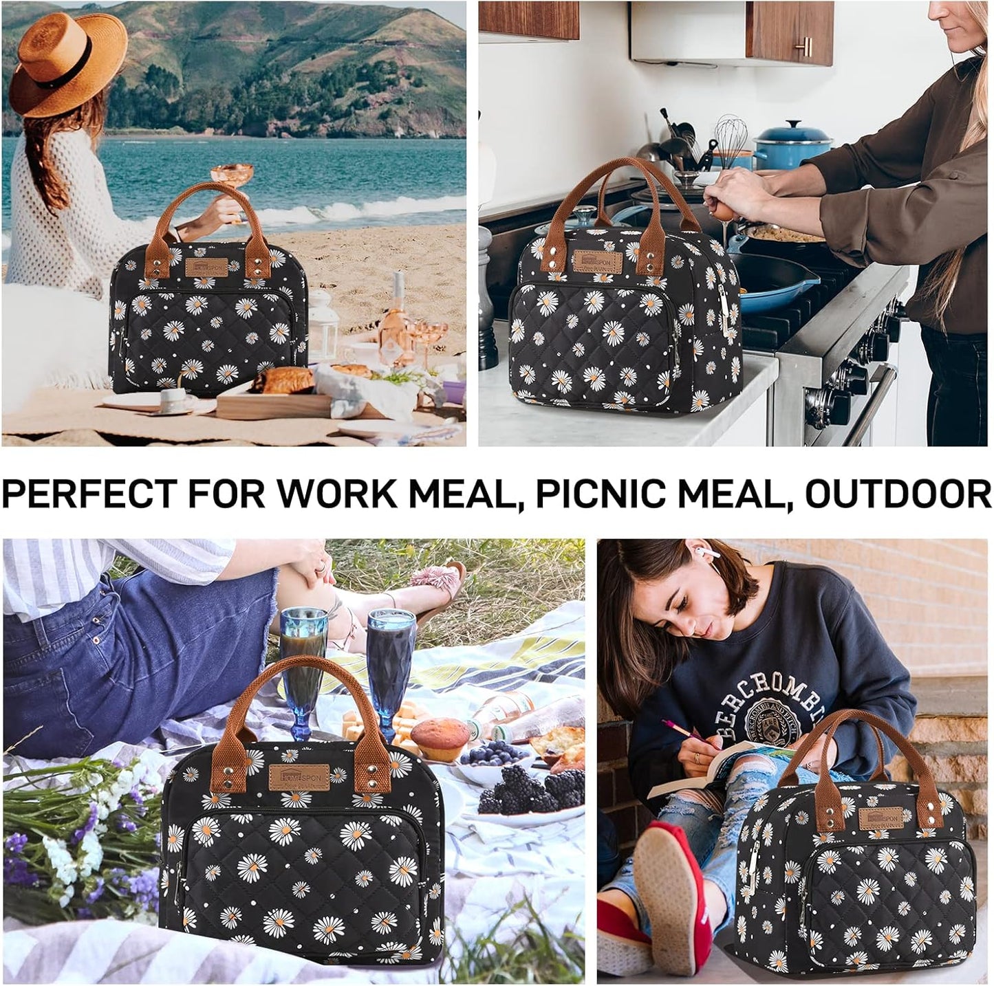 HOMESPON Lunch Bag for Woman Man Adults with Front Pocket Insulated Lunch Tote Lunch Box Container for Work Picnic or Travel(Black)