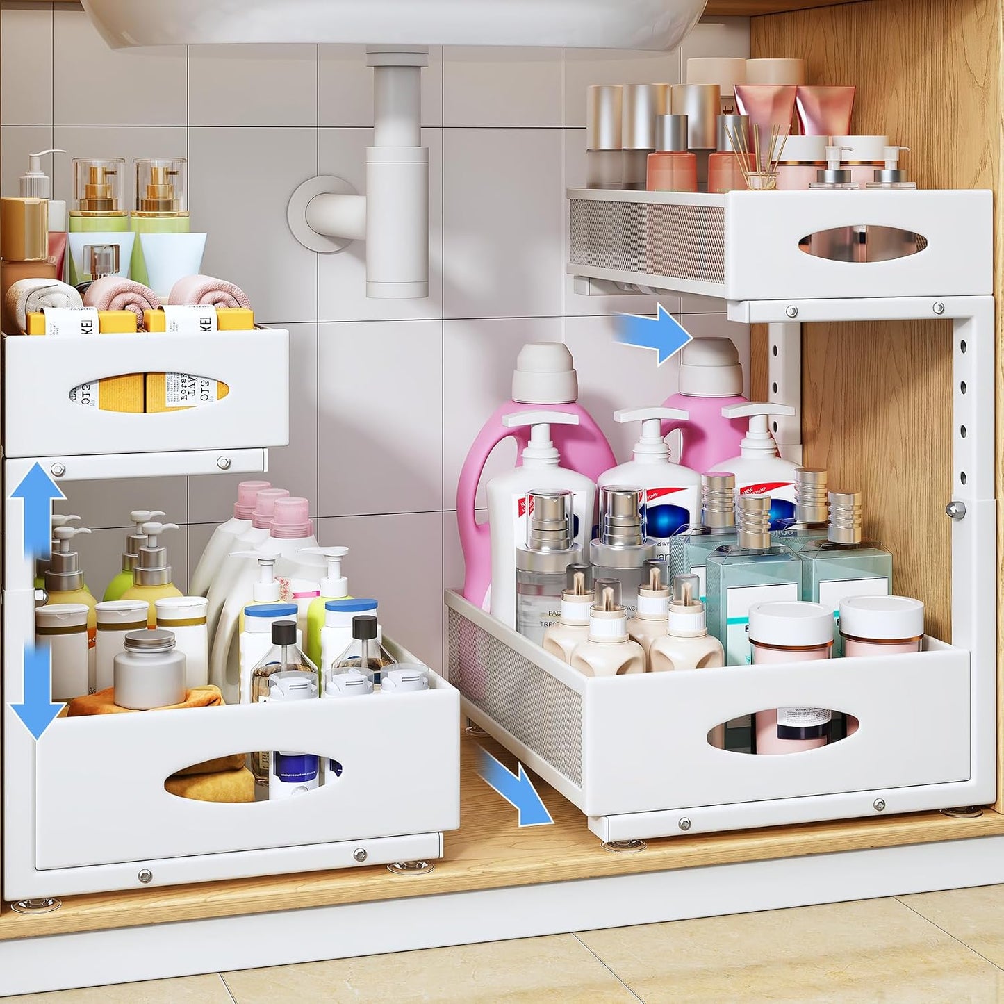 Under Sink Organizer, 2 Pack 2 Tier Pull Out Under Cabinet Organizer Shelf with Pad for Framed Cabinets, Metal Slide Out Under Sink Storage, Mesh Sliding Drawers for Kitchen Bathroom Laundry, Black