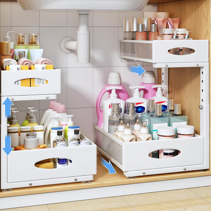 Under Sink Organizer, 2 Pack 2 Tier Pull Out Under Cabinet Organizer Shelf with Pad for Framed Cabinets, Metal Slide Out Under Sink Storage, Mesh Sliding Drawers for Kitchen Bathroom Laundry, Black