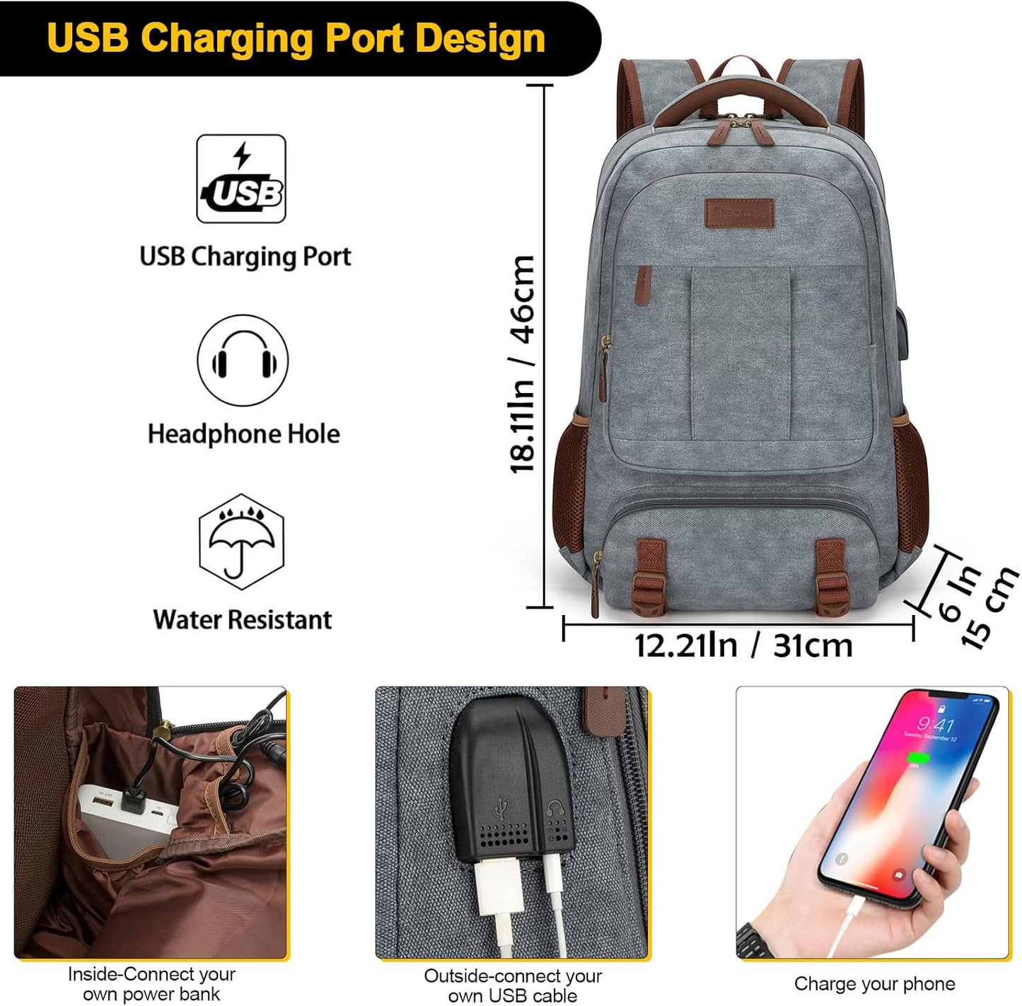 Tzowla Canvas Laptop Backpack Men,Bag for Women,School Travel College Work Rucksack Fits 15.6 Inch Laptop,Bookbag with USB Charging Port,Dark Grey