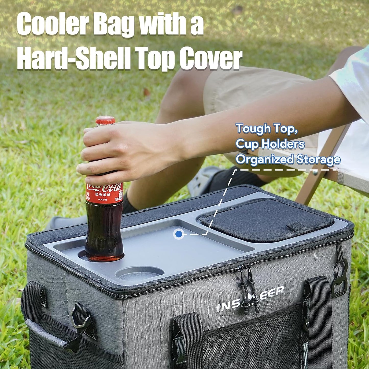 INSMEER Hard Top Soft Cooler with 2 Cup Holders, Large Foldable Cooler Bag - 40L/70 Cans, 100% Leakproof/Insulated/Portable Glaciere with Shoulder Strap for Travel, Beach, Camping, BBQ, Events