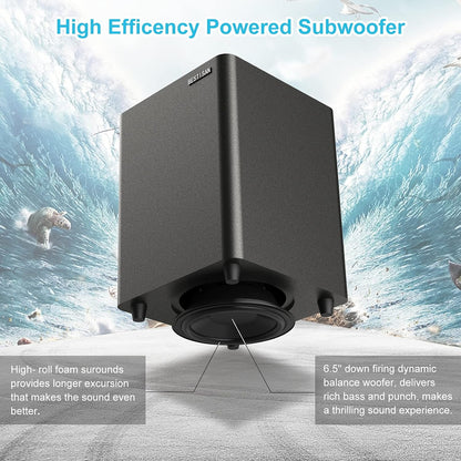 BESTISAN Powered Subwoofer, Deep Bass Sub, Down Firing Subs, Easy Setup with Home Theater System, Receiver, Speakers, Coaxial Cable Included, RCA, LFE, AUX Input, High-Level Speaker Input & Output
